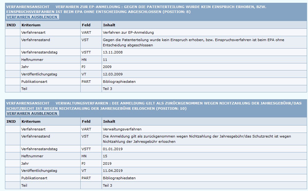 DPMARegister – Detailansicht Verfahrensstand